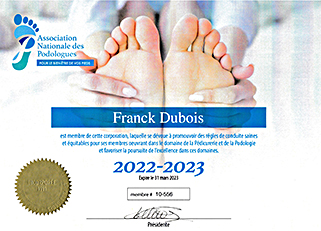Franck Dubois fondateur de 1001pieds  ™ est membre de l'association Nationale des Podologues